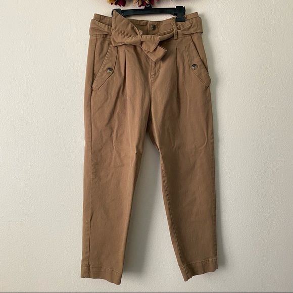 Loft Tie Waist Slim Ankle Paper Bag Brown Pants - Picture 2 of 7